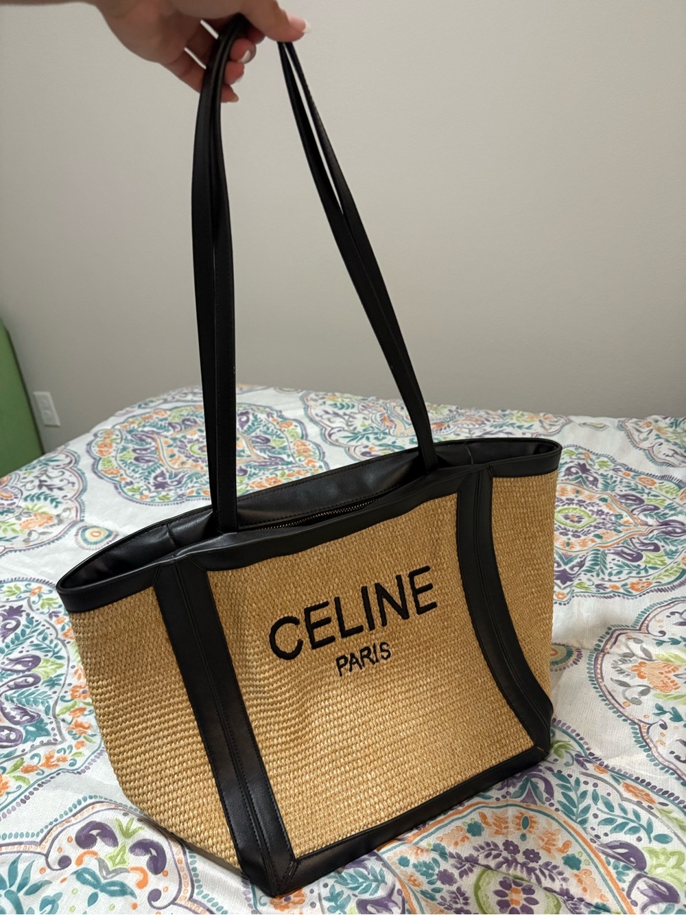 Celine Tan Straw Tote with Black Trim and Logo - Japan Thrifted - Picture 2 of 5
